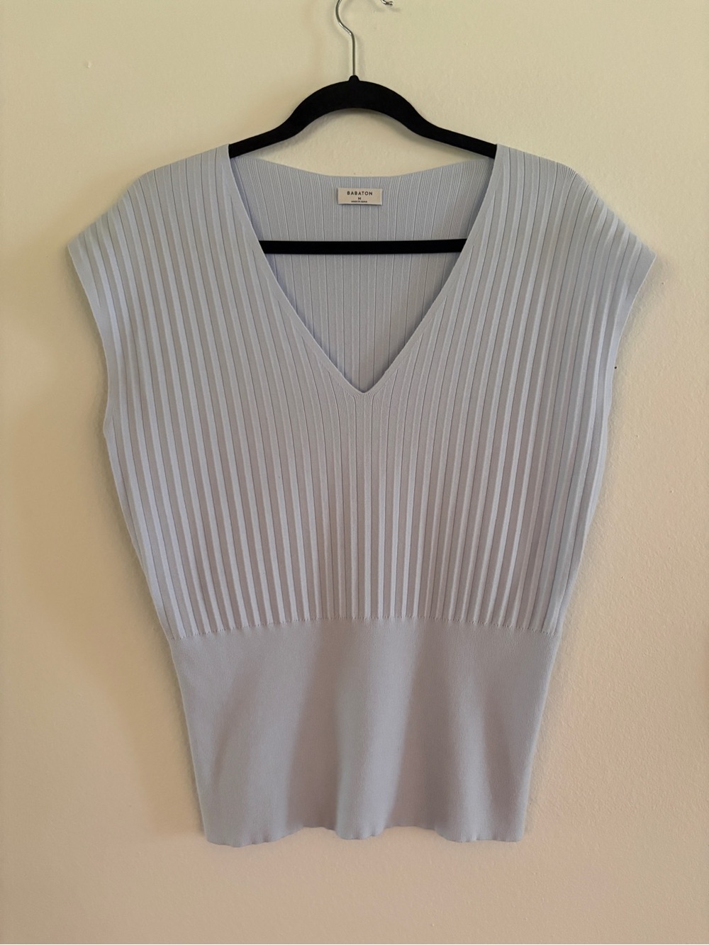 Aritzia Babaton Pale Blue Ribbed V-Neck Knit Top